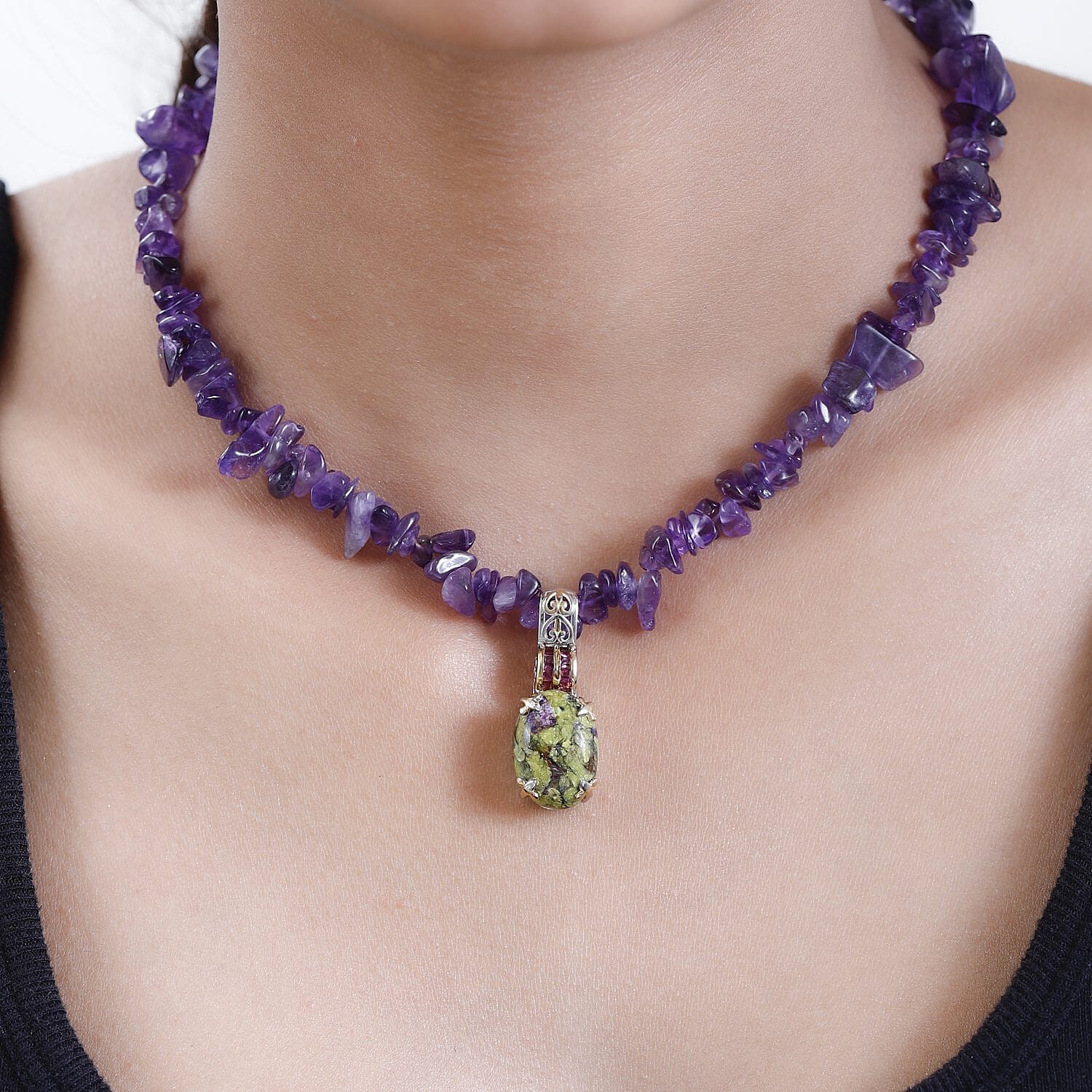 Tasmanian Stichtite and Amethyst Pendant Necklace 20 Inches in Vermeil YG and Platinum Over Sterling Silver 90.00 ctw