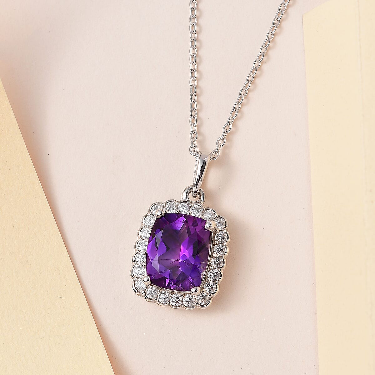 Premium Moroccan Amethyst and Moissanite Halo Pendant Necklace 20 Inches in Platinum Over Sterling Silver 3.40 ctw image number 1
