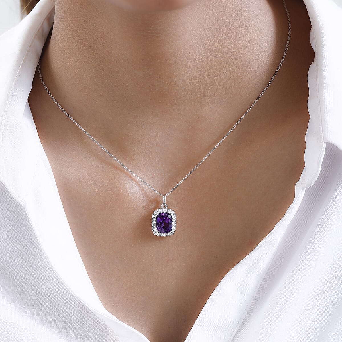 Premium Moroccan Amethyst and Moissanite Halo Pendant Necklace 20 Inches in Platinum Over Sterling Silver 3.40 ctw image number 2