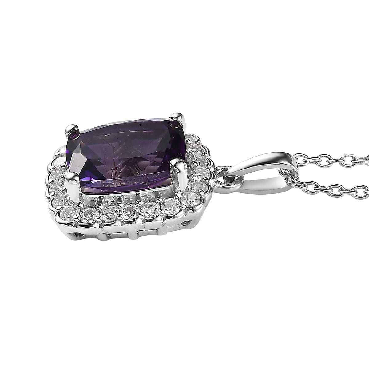 Premium Moroccan Amethyst and Moissanite Halo Pendant Necklace 20 Inches in Platinum Over Sterling Silver 3.40 ctw image number 3