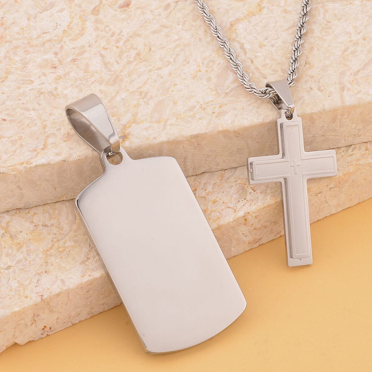 Set of 2 Cross and Bar Men's Pendants Necklace 24 Inches in Stainless Steel image number 1