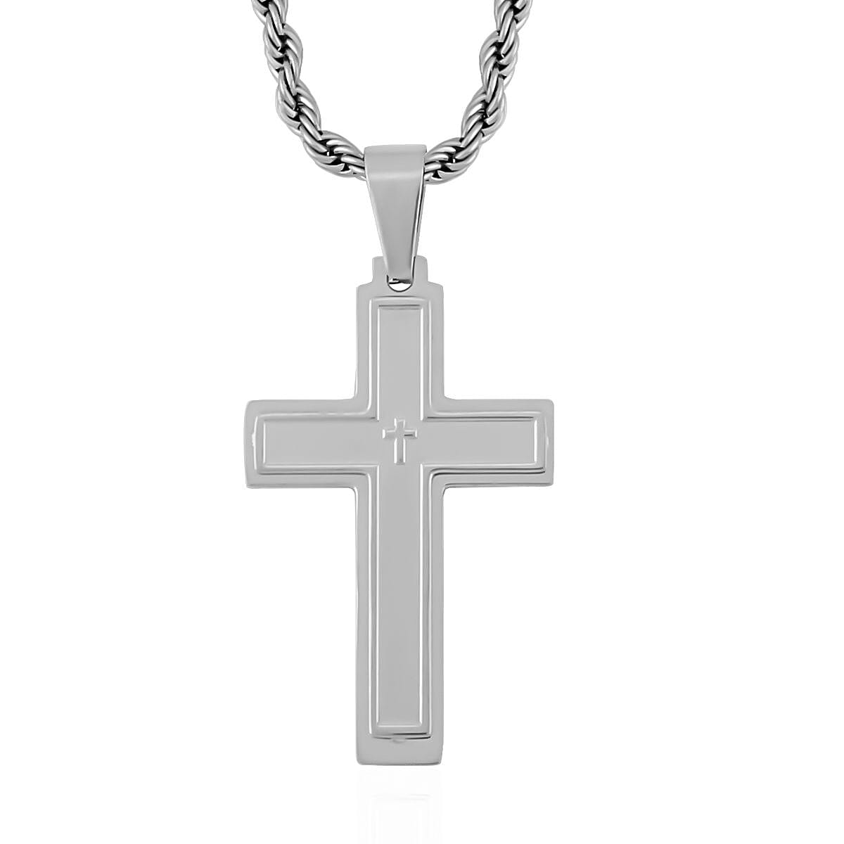 Set of 2 Cross and Bar Men's Pendants Necklace 24 Inches in Stainless Steel image number 2