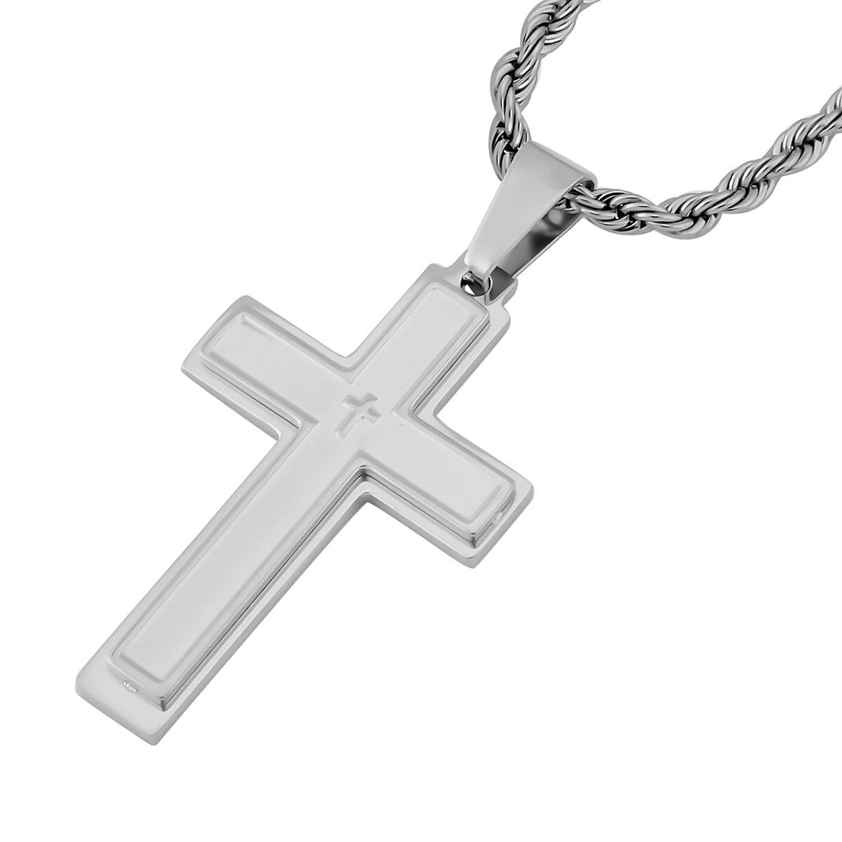 Set of 2 Cross and Bar Men's Pendants Necklace 24 Inches in Stainless Steel image number 3