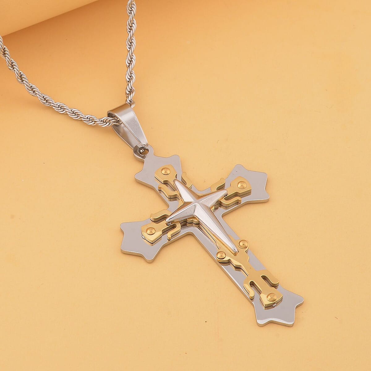 Men's Cross Pendant Necklace (24 Inches) in ION Plated YG and Stainless Steel , Tarnish-Free, Waterproof, Sweat Proof Jewelry image number 1