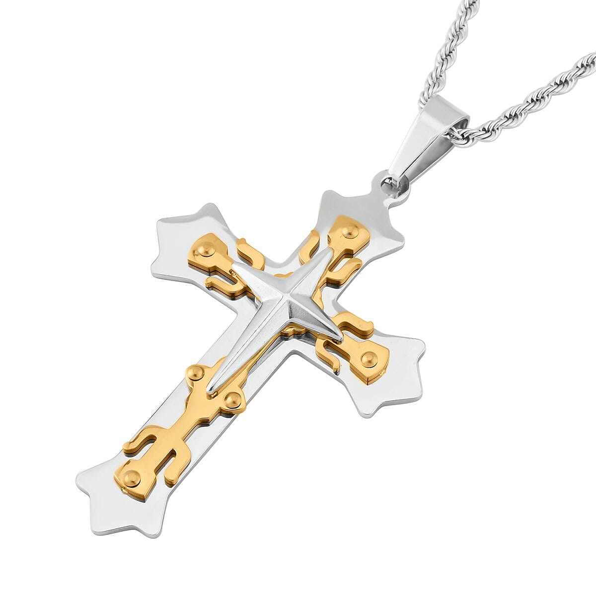 Men's Cross Pendant Necklace (24 Inches) in ION Plated YG and Stainless Steel , Tarnish-Free, Waterproof, Sweat Proof Jewelry image number 2