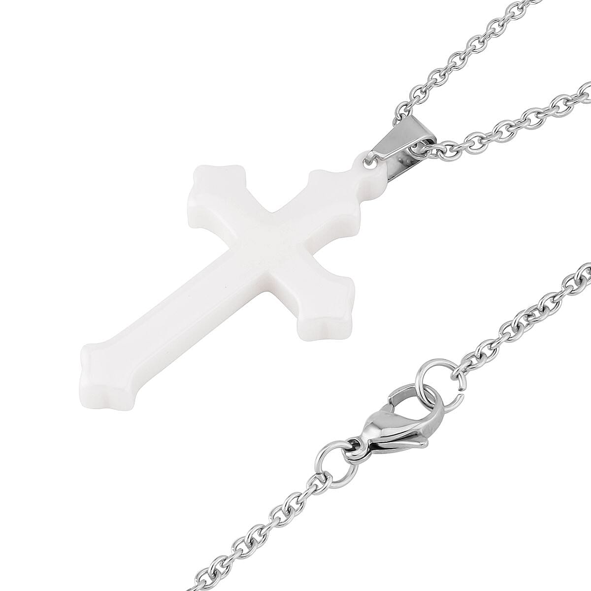 White Color Ceramic Men's Band Ring (Size 8.0) and Cross Pendant Necklace (24 Inches) in Stainless Steel | Tarnish-Free, Waterproof, Sweat Proof Jewelry image number 6