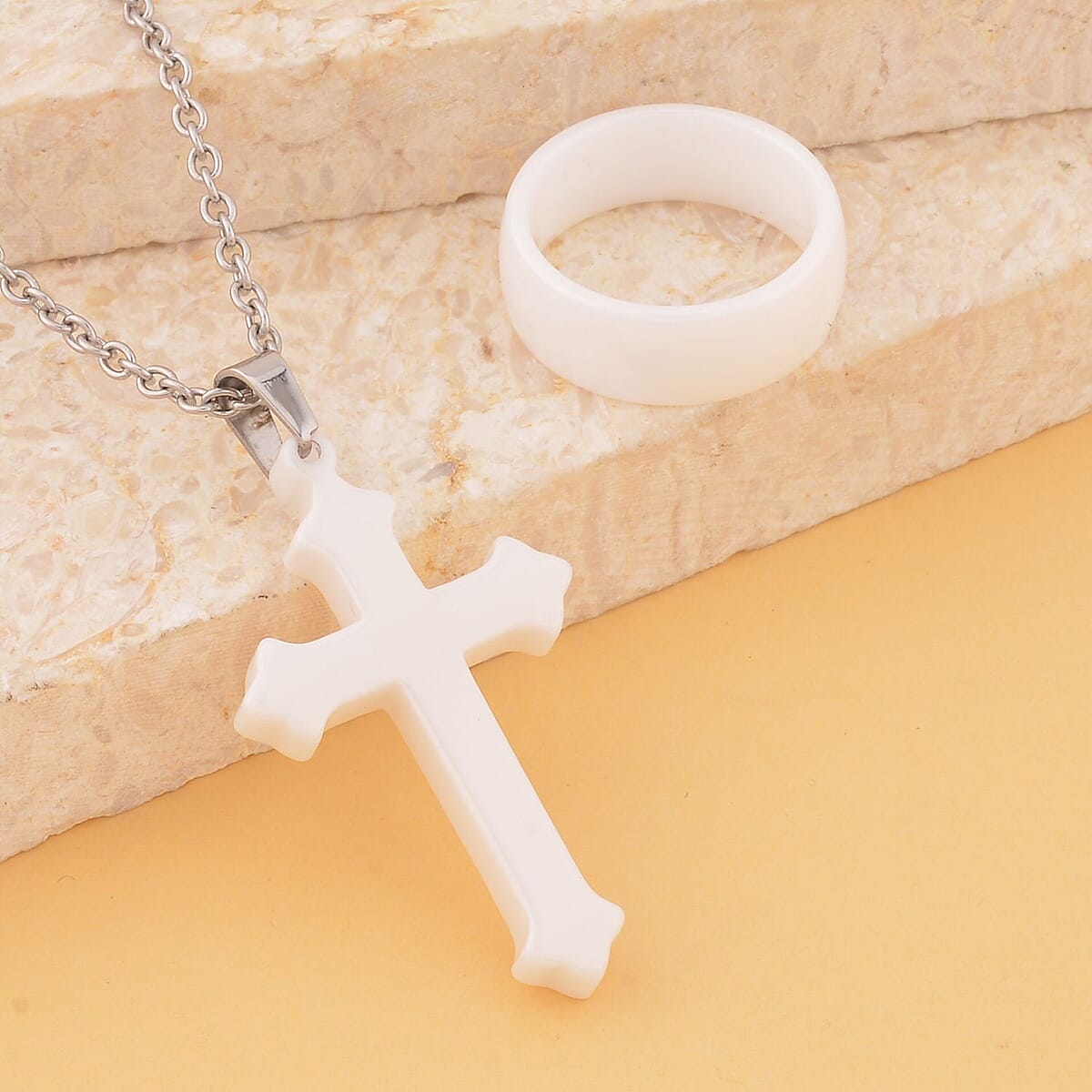 White Color Ceramic Men's Band Ring (Size 10.0) and Cross Pendant Necklace (24 Inches) in Stainless Steel | Tarnish-Free, Waterproof, Sweat Proof Jewelry image number 1