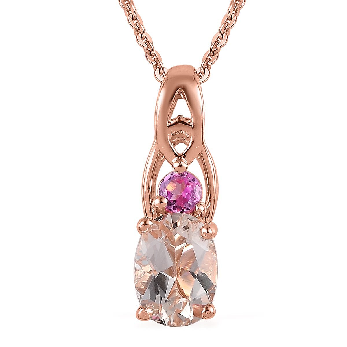 Marropino Morganite and Morro Redondo Pink Tourmaline Pendant Necklace 20 Inches in Vermeil Rose Gold Over Sterling Silver 0.75 ctw