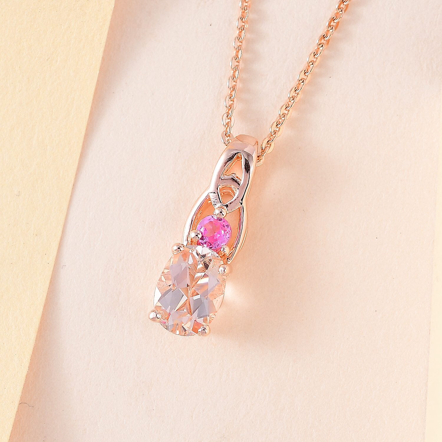 Marropino Morganite and Morro Redondo Pink Tourmaline Pendant Necklace 20 Inches in Vermeil Rose Gold Over Sterling Silver 0.75 ctw