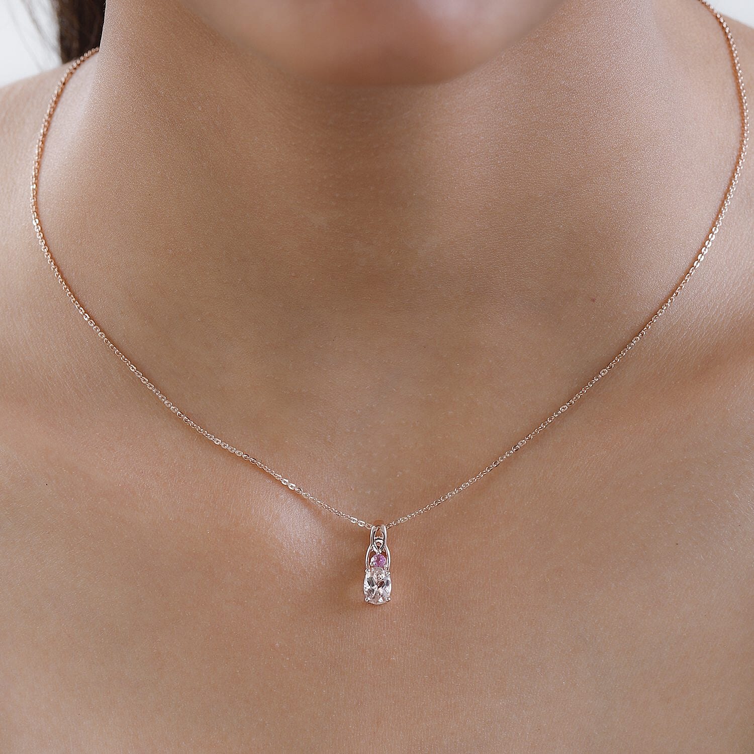 Marropino Morganite and Morro Redondo Pink Tourmaline Pendant Necklace 20 Inches in Vermeil Rose Gold Over Sterling Silver 0.75 ctw