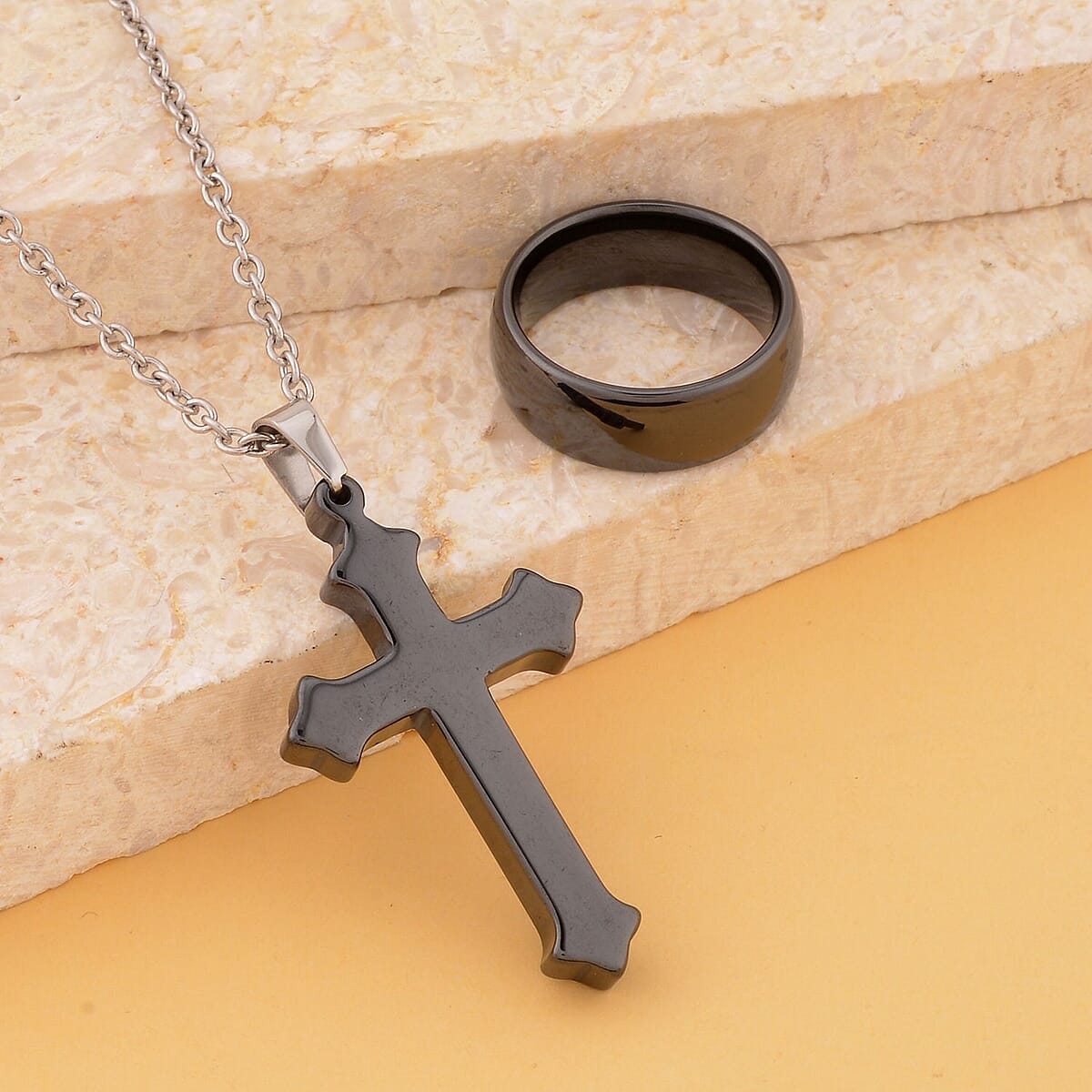 Black Color Ceramic Men's Band Ring (Size 12.0) and Cross Pendant Necklace (24 Inches) in Stainless Steel | Tarnish-Free, Waterproof, Sweat Proof Jewelry image number 1