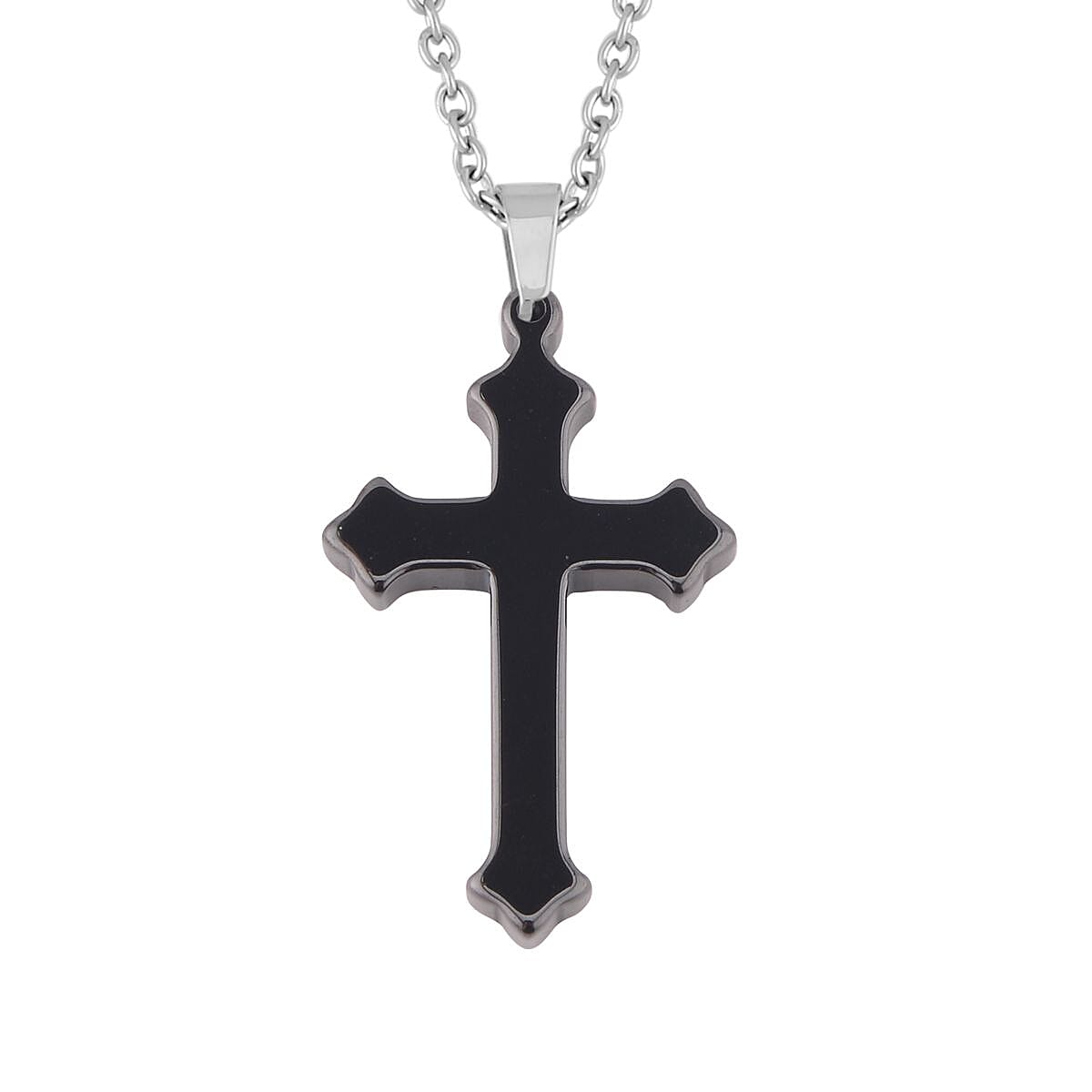 Black Color Ceramic Men's Band Ring (Size 12.0) and Cross Pendant Necklace (24 Inches) in Stainless Steel | Tarnish-Free, Waterproof, Sweat Proof Jewelry image number 5