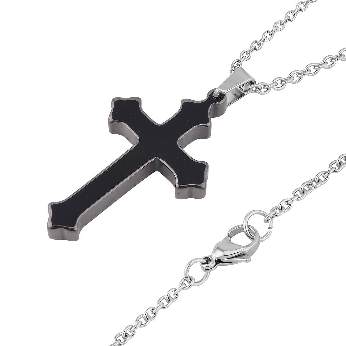 Black Color Ceramic Men's Band Ring (Size 12.0) and Cross Pendant Necklace (24 Inches) in Stainless Steel | Tarnish-Free, Waterproof, Sweat Proof Jewelry image number 6