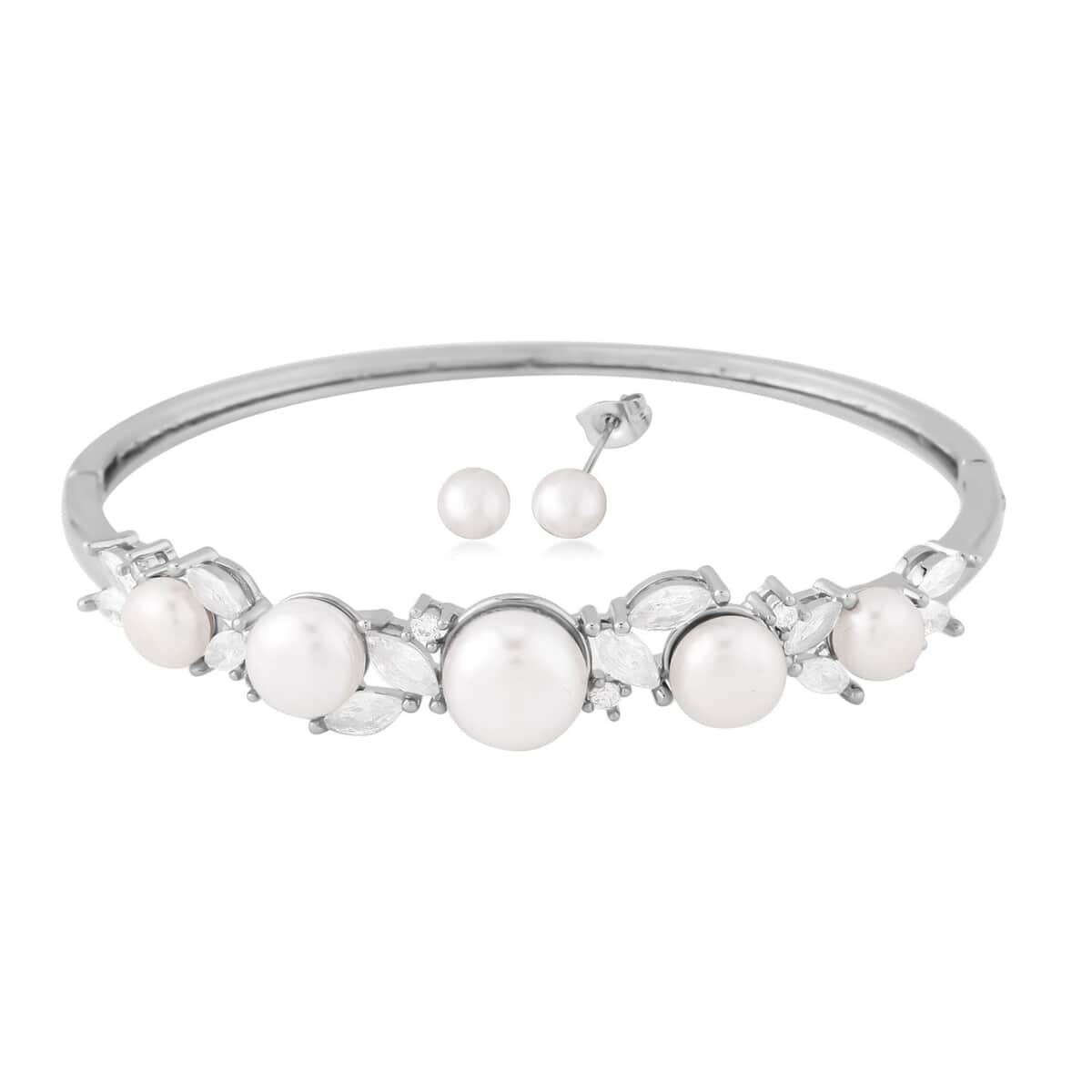 White Freshwater Pearl Bangle Bracelet (7 in) and Earrings in Silvertone & Stainless Steel 2.00 ctw image number 0