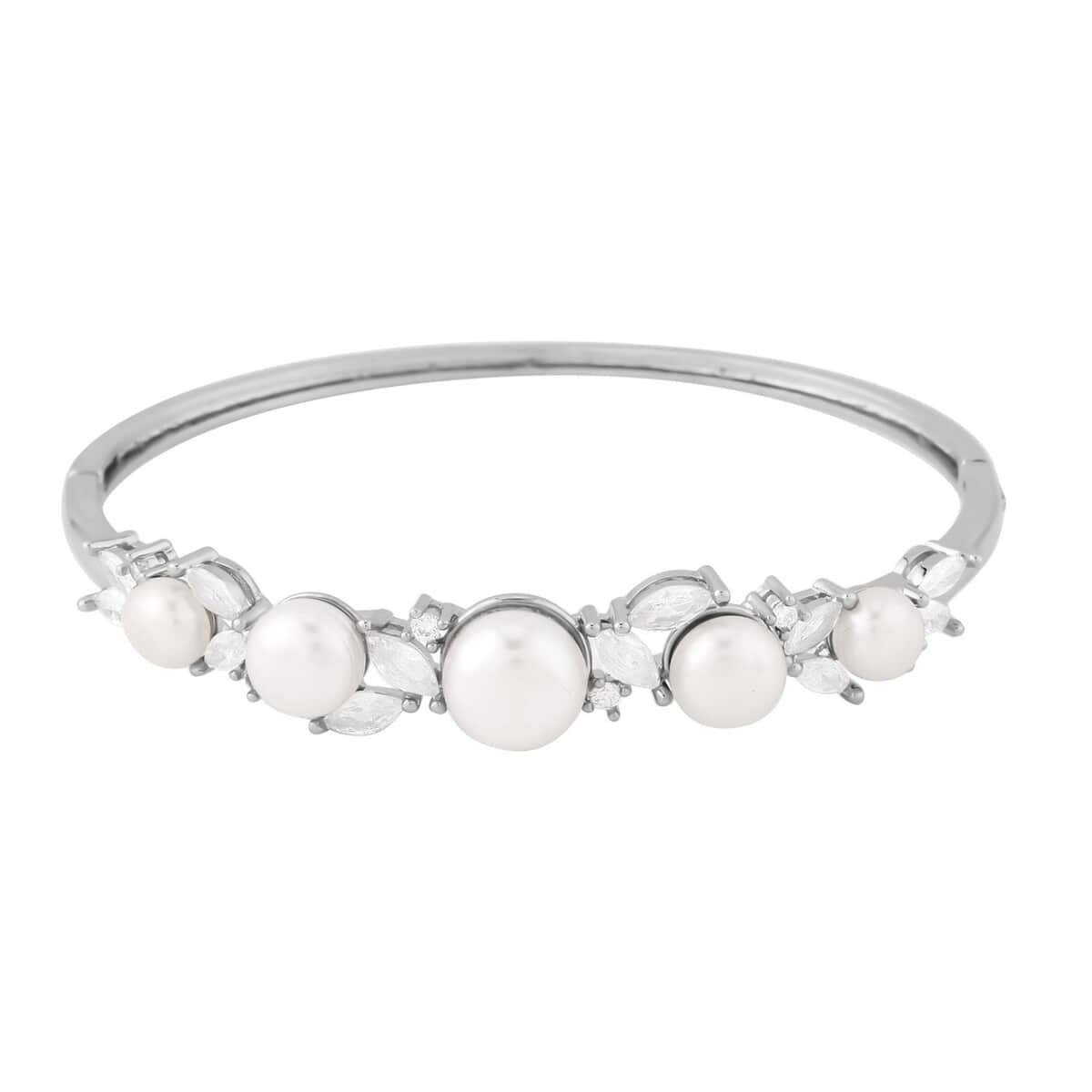 White Freshwater Pearl Bangle Bracelet (7 in) and Earrings in Silvertone & Stainless Steel 2.00 ctw image number 2