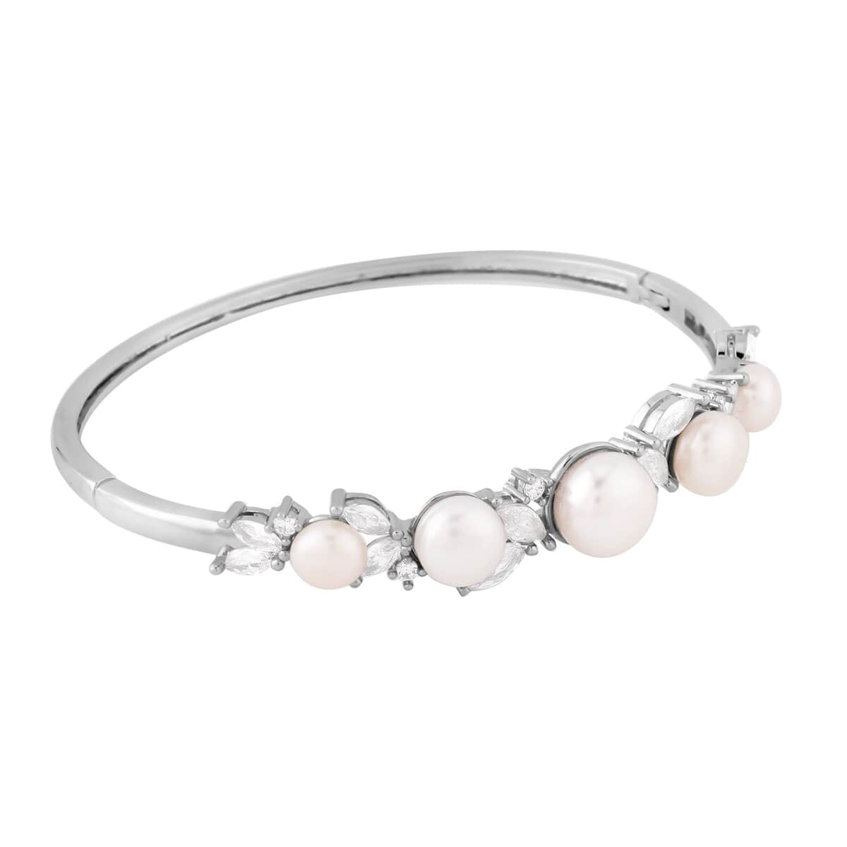 White Freshwater Pearl Bangle Bracelet (7 in) and Earrings in Silvertone & Stainless Steel 2.00 ctw image number 3