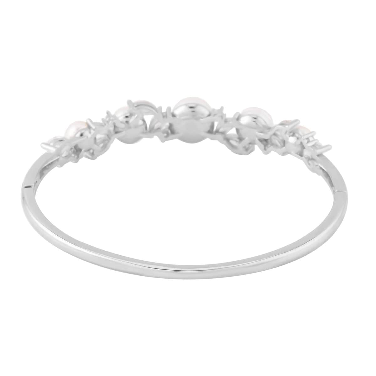 White Freshwater Pearl Bangle Bracelet (7 in) and Earrings in Silvertone & Stainless Steel 2.00 ctw image number 4