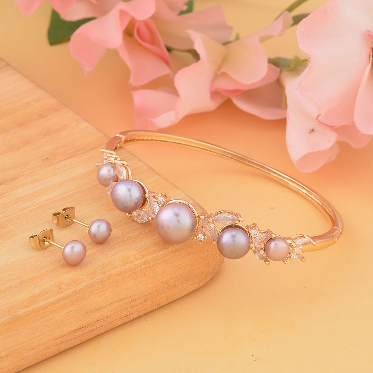 Purple Freshwater Pearl Bangle Bracelet (7 in) and Earrings in Goldtone & ION Plated YG Stainless Steel 2.00 ctw , Tarnish-Free, Waterproof, Sweat Proof Jewelry image number 1