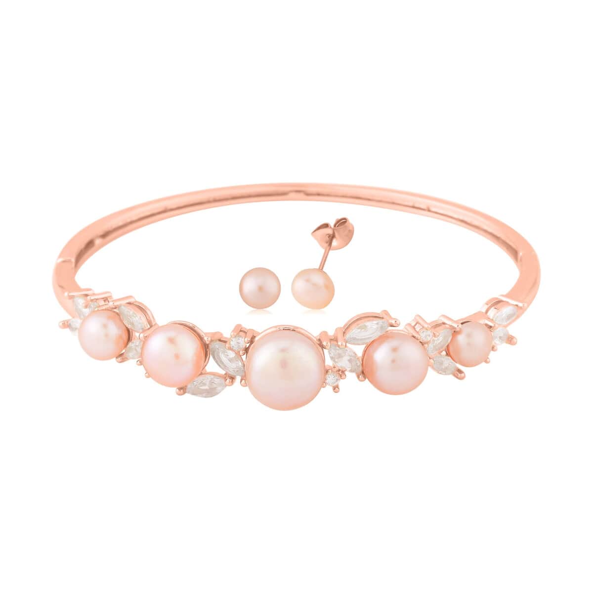 Peach Freshwater Pearl Bangle Bracelet (7 in) and Earrings in Rosetone & ION Plated RG Stainless Steel 2.00 ctw , Tarnish-Free, Waterproof, Sweat Proof Jewelry image number 0