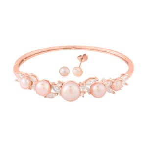 Peach Freshwater Pearl Bangle Bracelet (7 in) and Earrings in Rosetone & ION Plated RG Stainless Steel 2.00 ctw , Tarnish-Free, Waterproof, Sweat Proof Jewelry