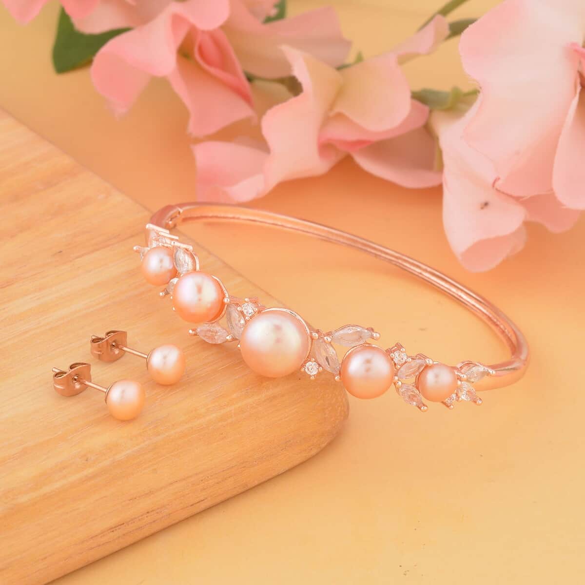 Peach Freshwater Pearl Bangle Bracelet (7 in) and Earrings in Rosetone & ION Plated RG Stainless Steel 2.00 ctw , Tarnish-Free, Waterproof, Sweat Proof Jewelry image number 1