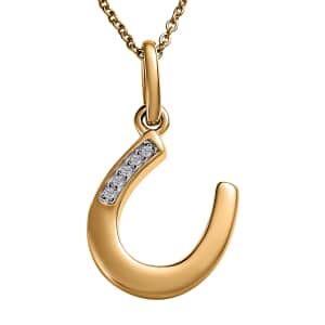 14K Yellow Gold White Diamond Accent Lucky Horseshoe Pendant Necklace 18 Inches