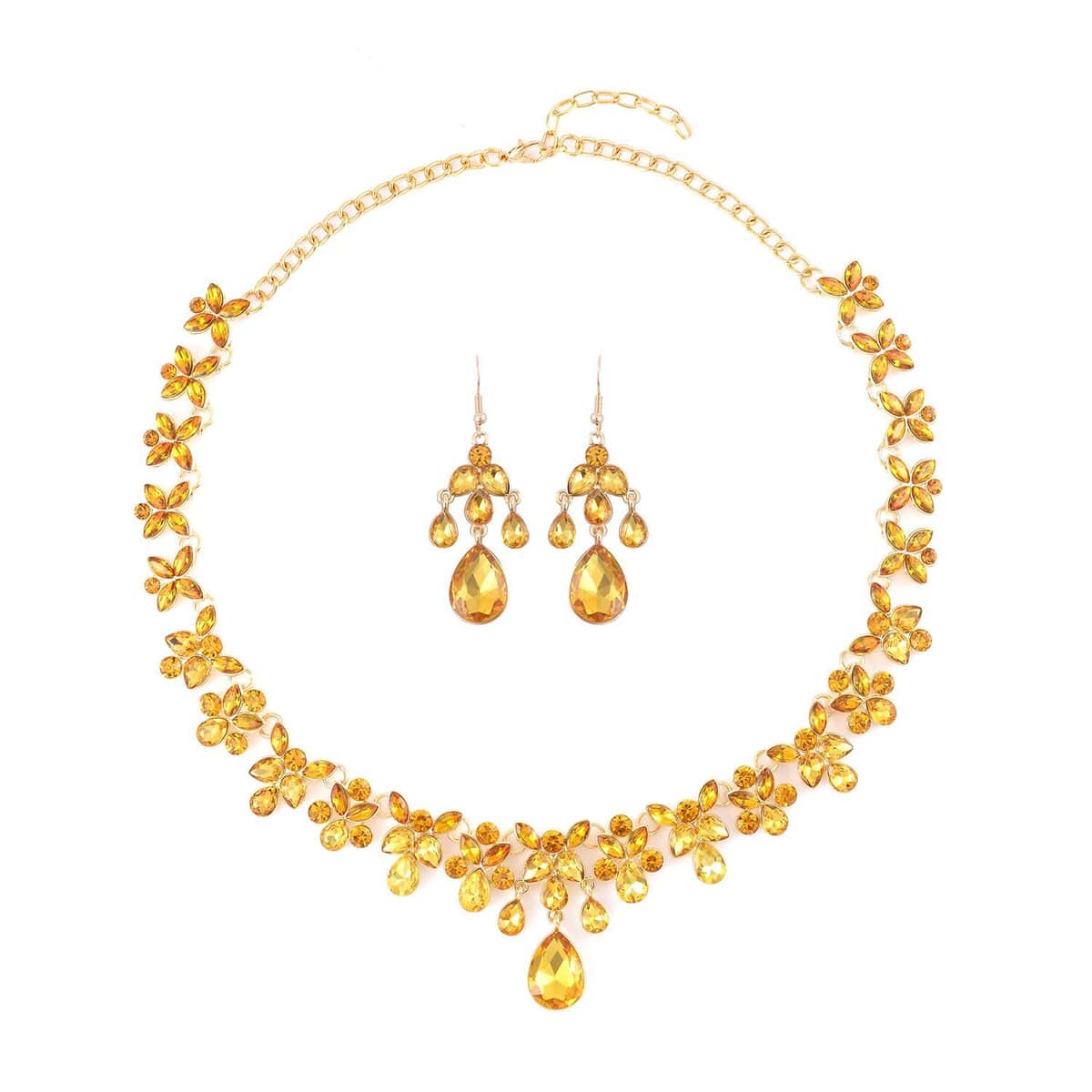 Champagne Color Austrian Crystal Dangle Earrings and Necklace 20-22 Inches in Goldtone image number 0
