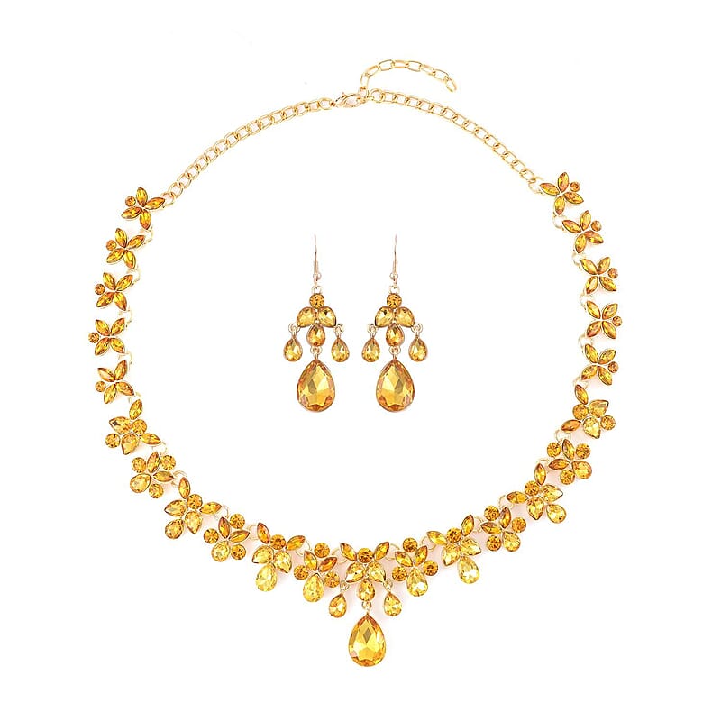 Champagne Color Austrian Crystal Dangle Earrings and Necklace 20-22 Inches in Goldtone