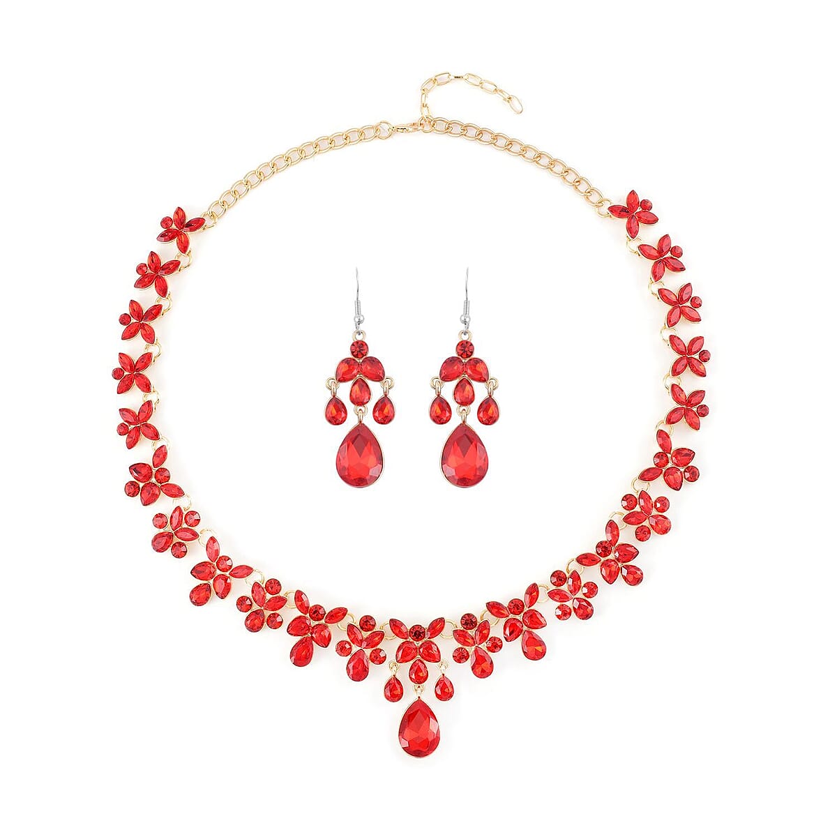 Red Austrian Crystal Dangle Earrings and Necklace 20-22 Inches in Goldtone image number 0