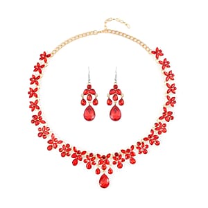 Red Austrian Crystal Dangle Earrings and Necklace 20-22 Inches in Goldtone