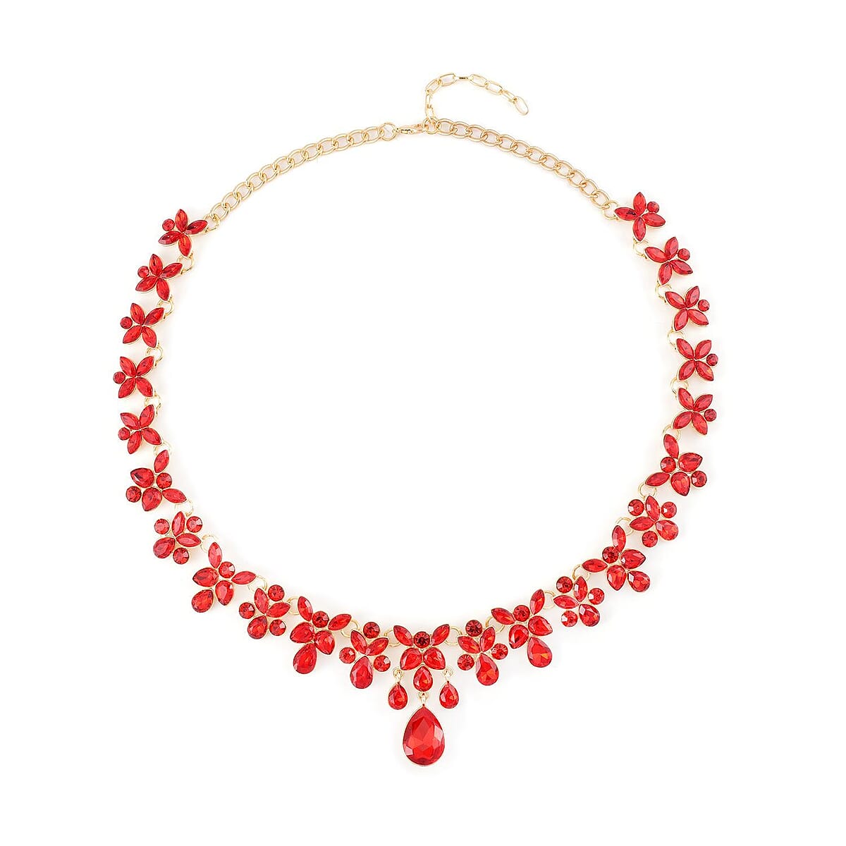 Red Austrian Crystal Dangle Earrings and Necklace 20-22 Inches in Goldtone image number 2