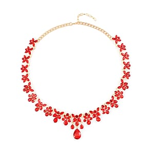 Red Austrian Crystal Dangle Earrings and Necklace 20-22 Inches in Goldtone