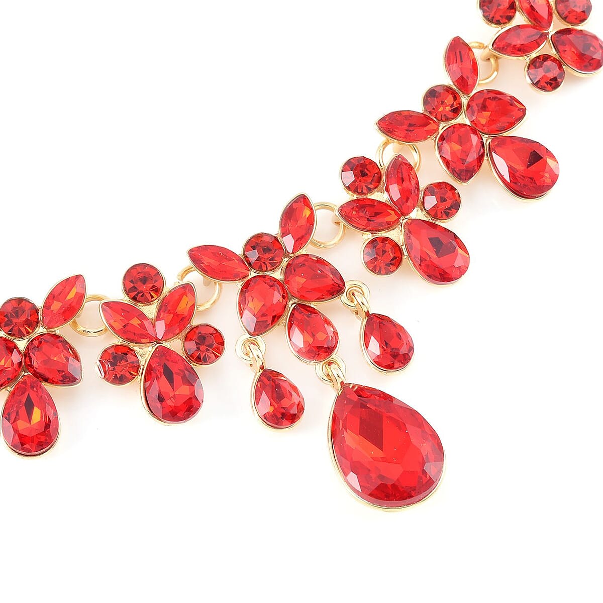 Red Austrian Crystal Dangle Earrings and Necklace 20-22 Inches in Goldtone image number 3