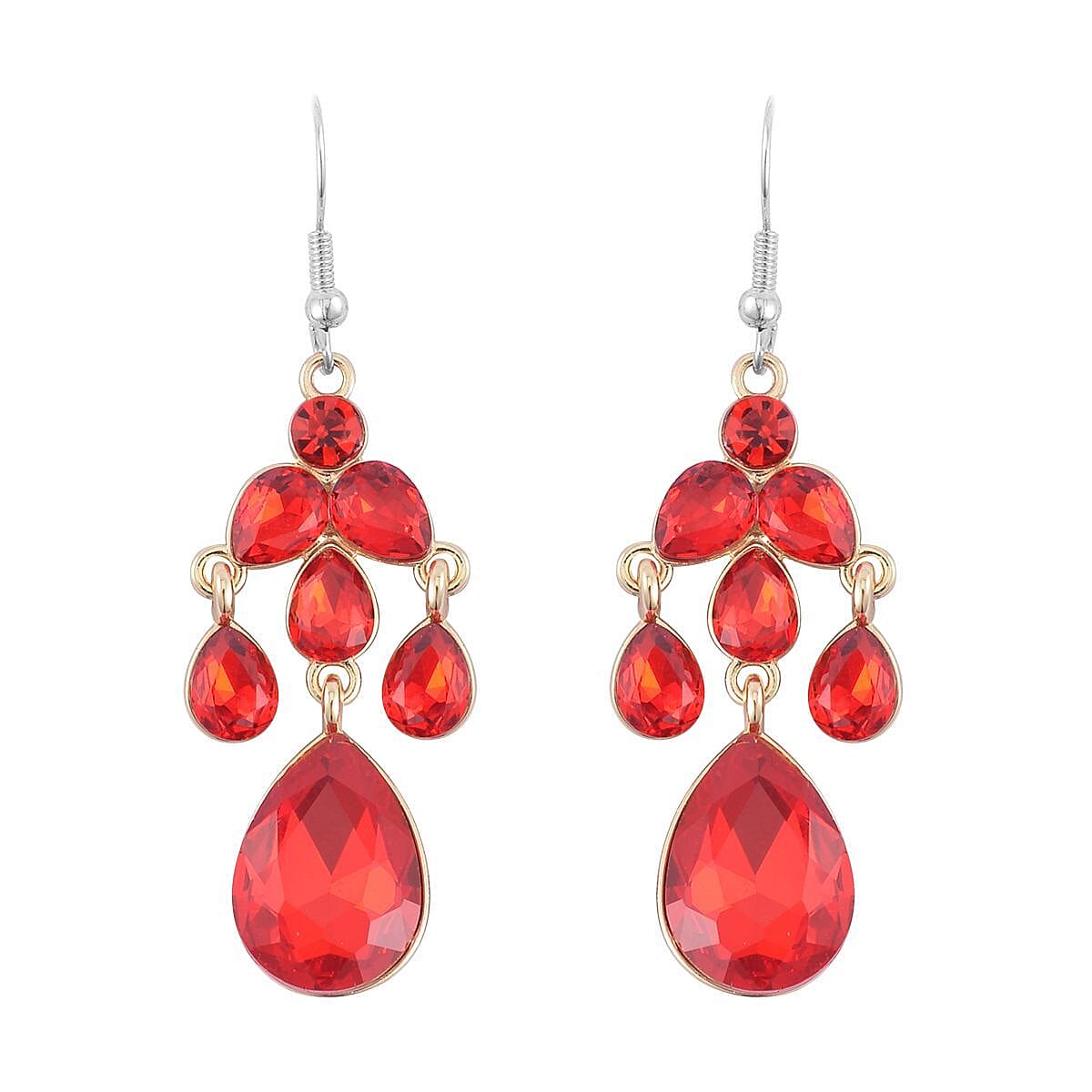 Red Austrian Crystal Dangle Earrings and Necklace 20-22 Inches in Goldtone image number 5