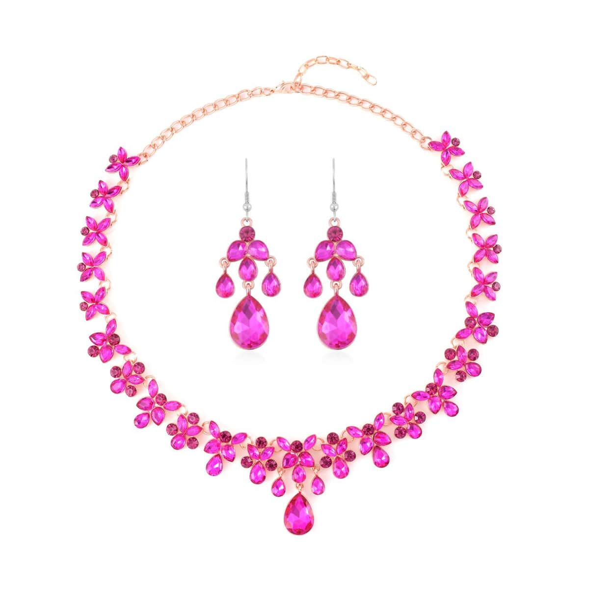 Fuchsia Austrian Crystal Dangle Earrings and Necklace in Rosetone 20-22 Inches image number 0