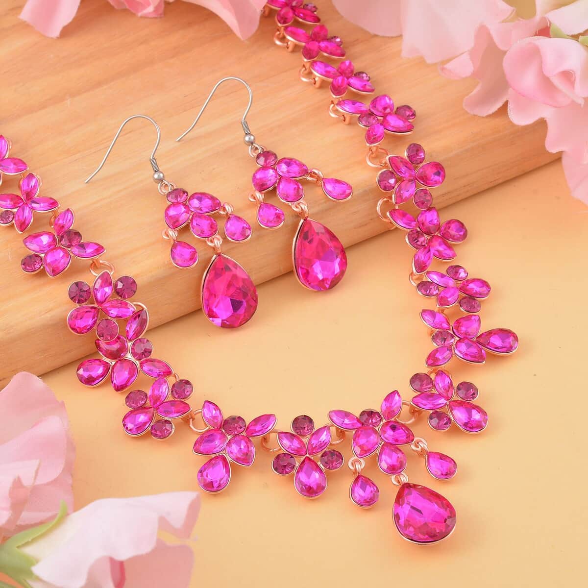 Fuchsia Austrian Crystal Dangle Earrings and Necklace in Rosetone 20-22 Inches image number 1