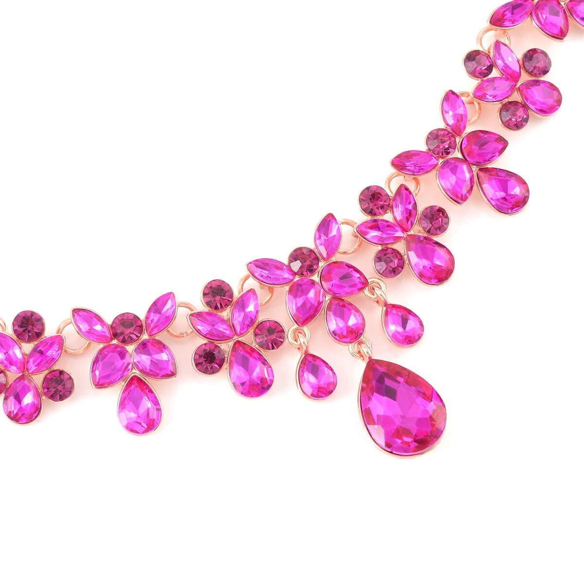 Fuchsia Austrian Crystal Dangle Earrings and Necklace in Rosetone 20-22 Inches image number 3