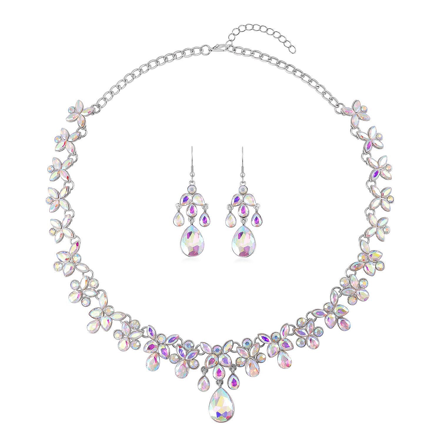 White Aurora Borealis Austrian Crystal Dangle Earrings and Necklace 20-22 Inches in Silvertone