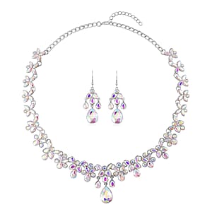 White Aurora Borealis Austrian Crystal Dangle Earrings and Necklace 20-22 Inches in Silvertone