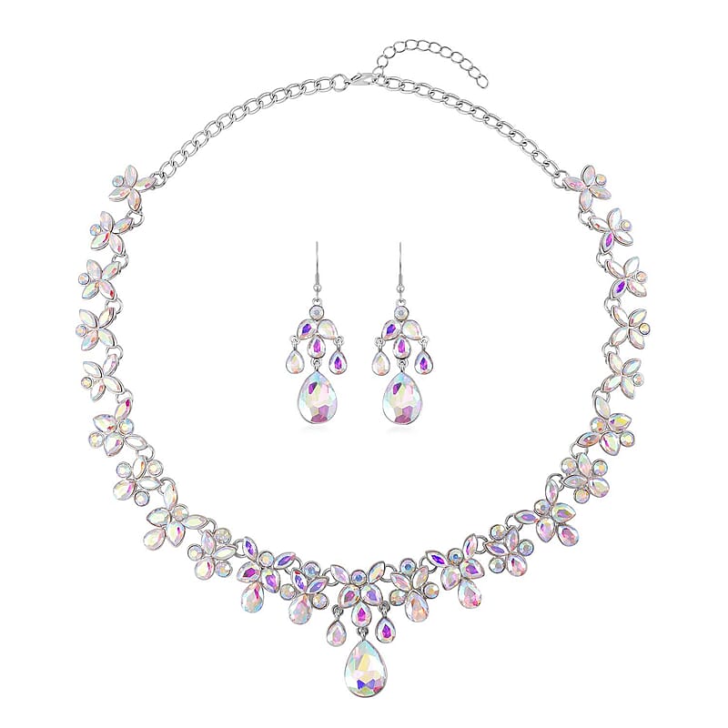 White Aurora Borealis Austrian Crystal Dangle Earrings and Necklace 20-22 Inches in Silvertone
