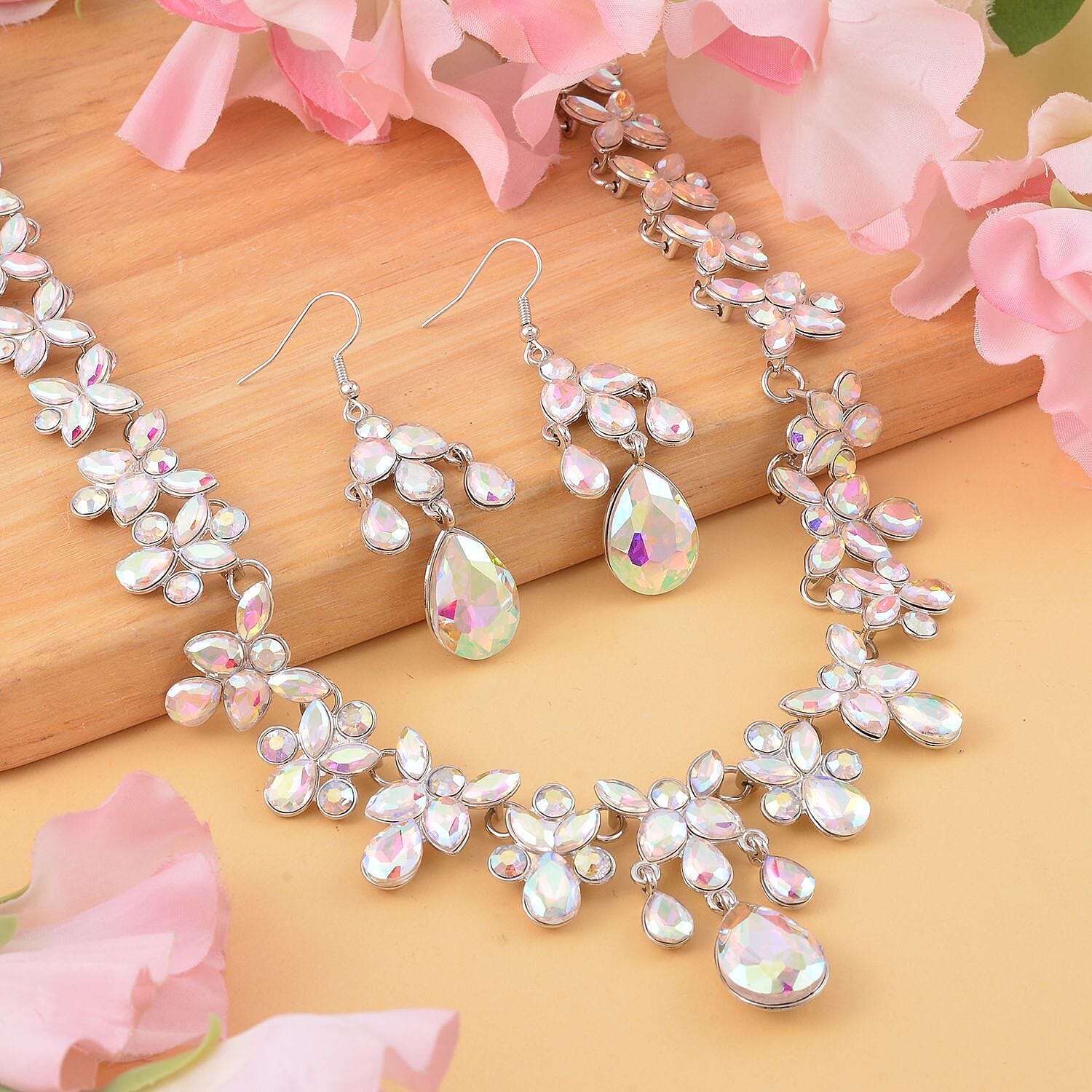 White Aurora Borealis Austrian Crystal Dangle Earrings and Necklace 20-22 Inches in Silvertone