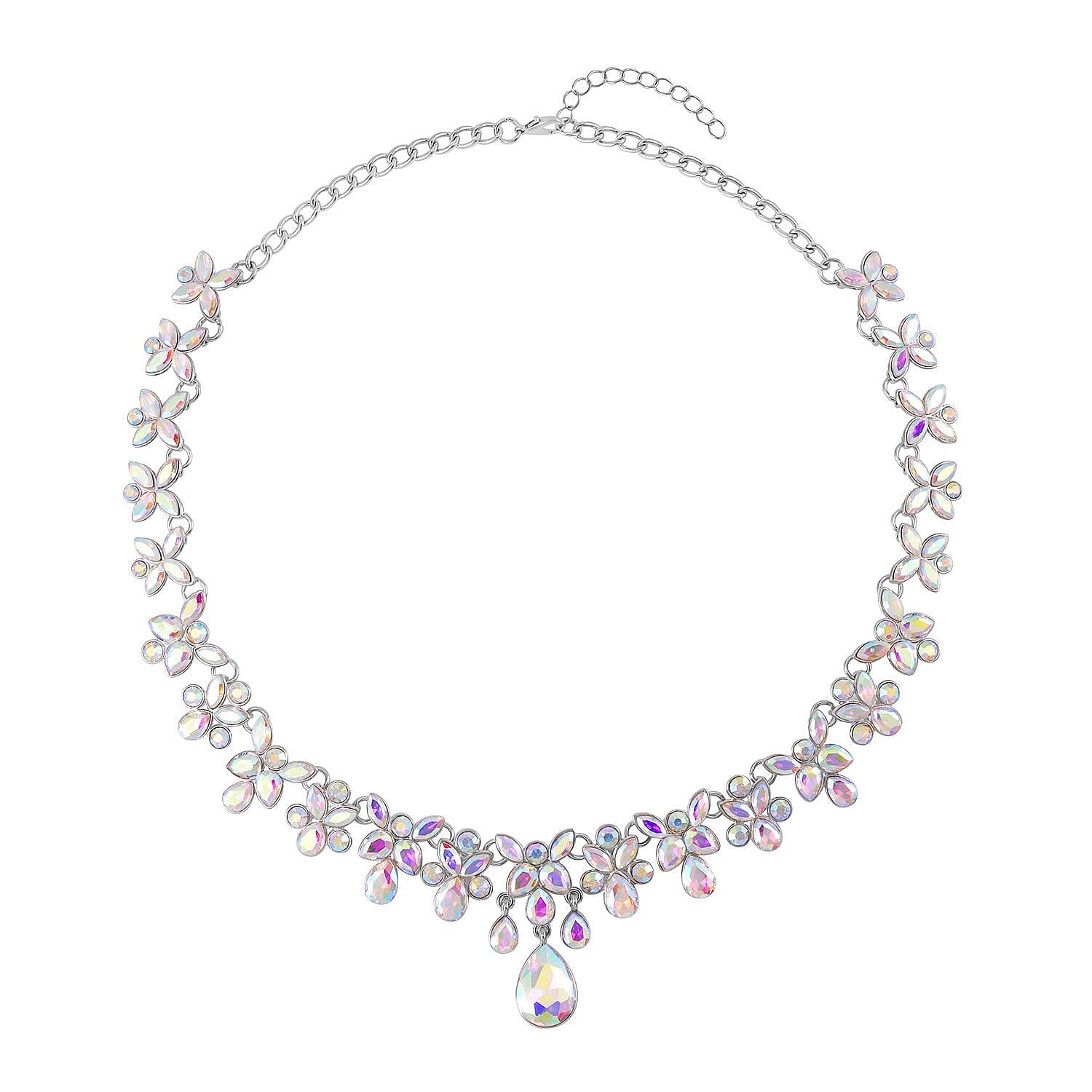 White Aurora Borealis Austrian Crystal Dangle Earrings and Necklace 20-22 Inches in Silvertone
