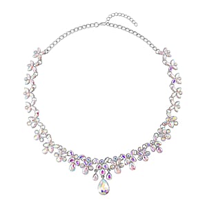 White Aurora Borealis Austrian Crystal Dangle Earrings and Necklace 20-22 Inches in Silvertone