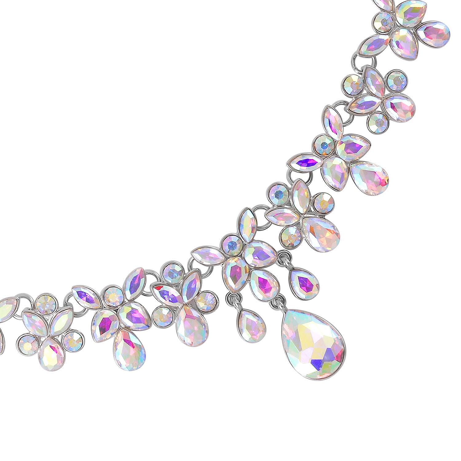 White Aurora Borealis Austrian Crystal Dangle Earrings and Necklace 20-22 Inches in Silvertone