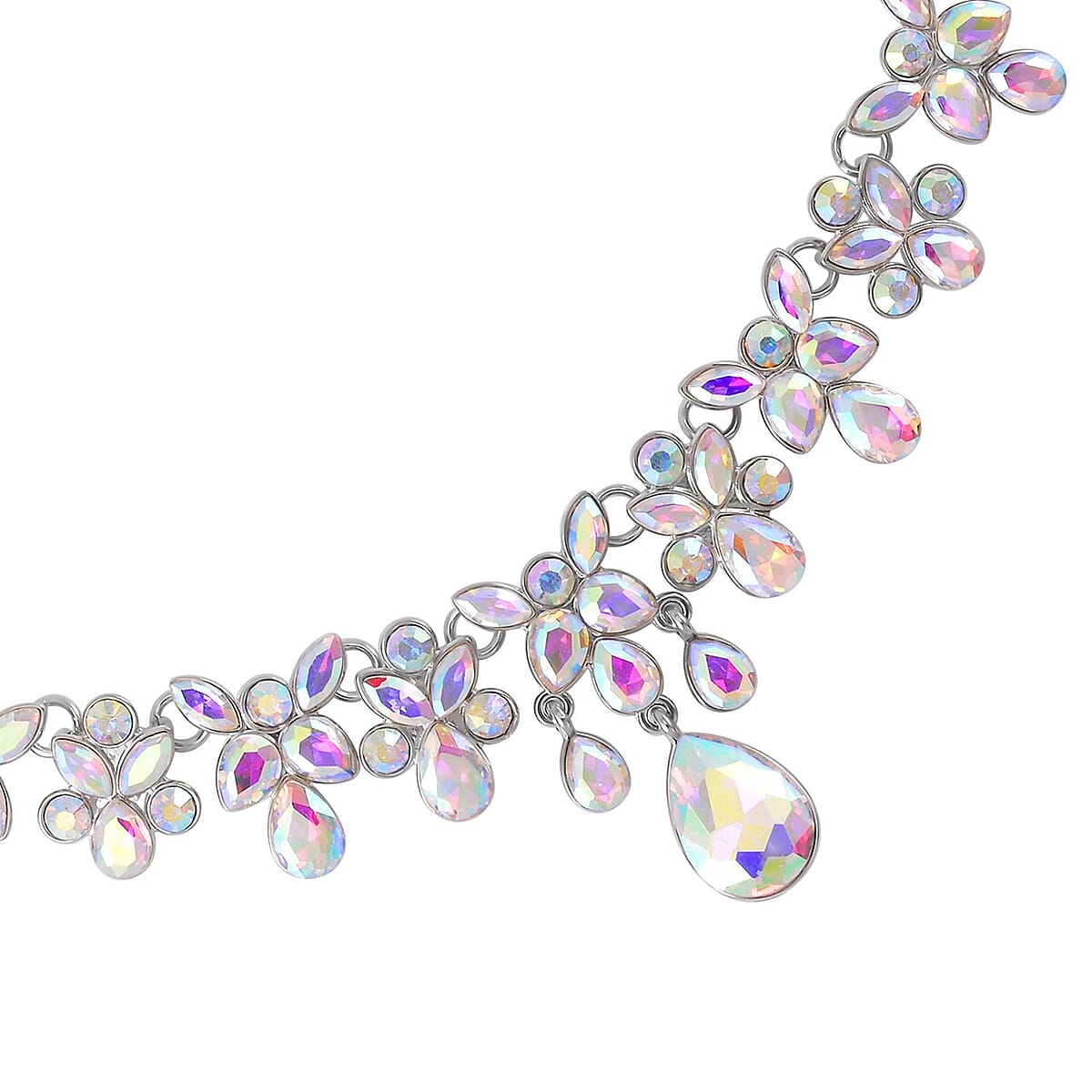 White Aurora Borealis Austrian Crystal Dangle Earrings and Necklace 20-22 Inches in Silvertone image number 3