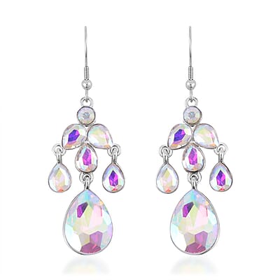 White Aurora Borealis Austrian Crystal Dangle Earrings and Necklace 20-22 Inches in Silvertone