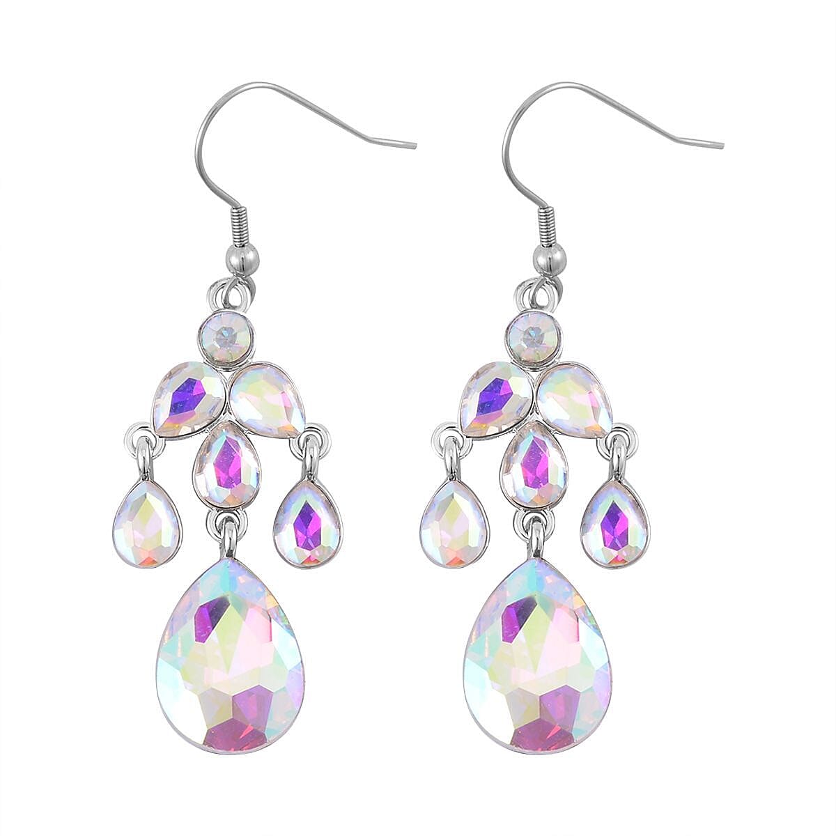 White Aurora Borealis Austrian Crystal Dangle Earrings and Necklace 20-22 Inches in Silvertone