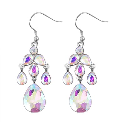 White Aurora Borealis Austrian Crystal Dangle Earrings and Necklace 20-22 Inches in Silvertone