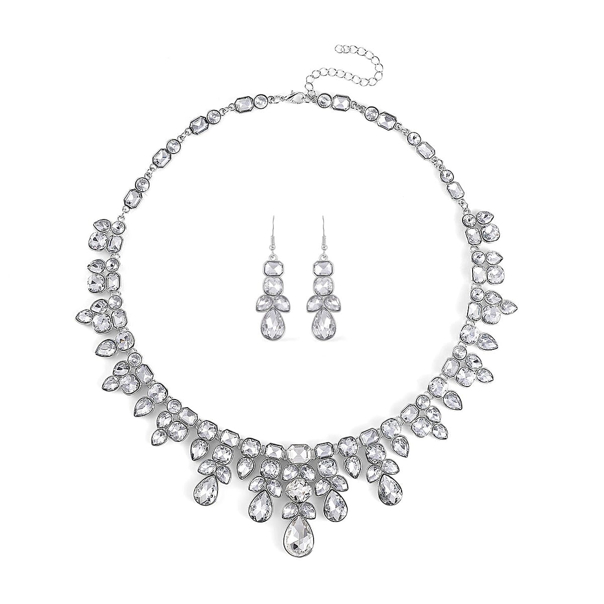 Austrian Crystal Necklace 20-23 Inches and Dangle Earrings in Silvertone image number 0