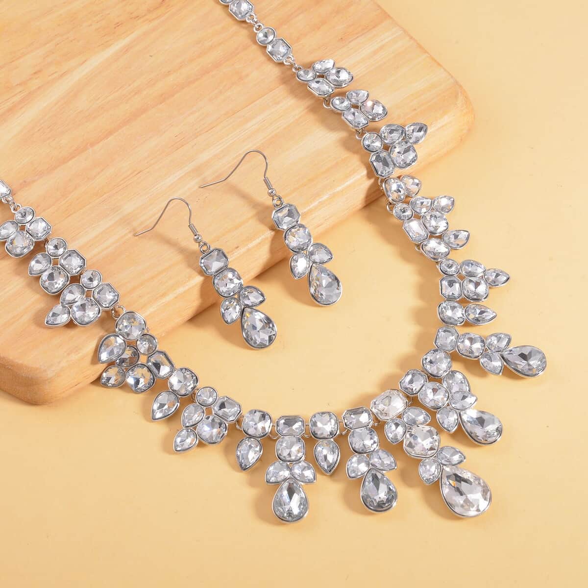 Austrian Crystal Necklace 20-23 Inches and Dangle Earrings in Silvertone image number 1